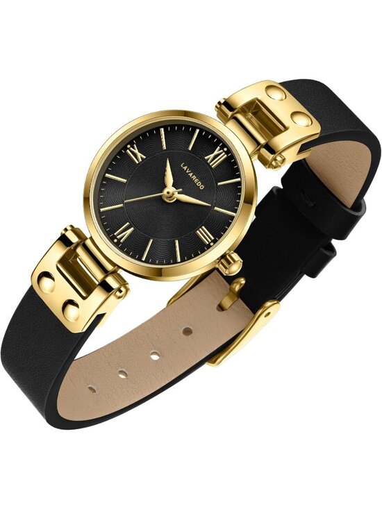 Accessories - Women's All Black Elegant Classic Small Gold Leather Stylish Ladies Wrist Watch